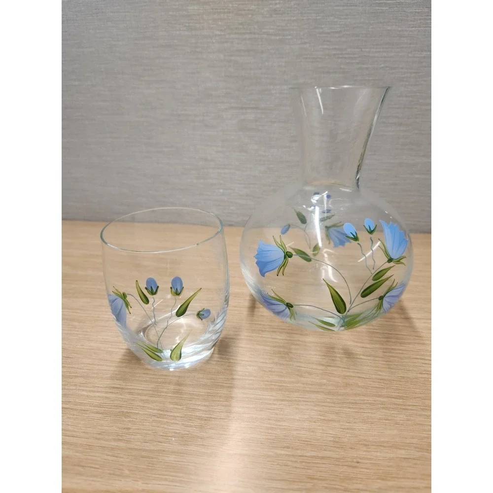Hand Painted Blue Floral Clear Glass Tumble Up Bedside Water Carafe Made Hungary